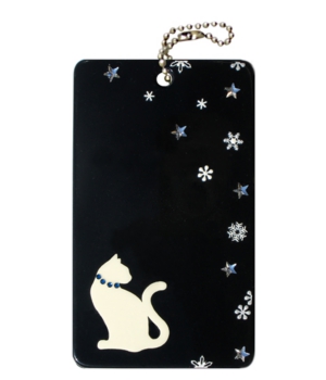 PCD04　アクリルパスケース、黒、ネコと雪の結晶.jpg